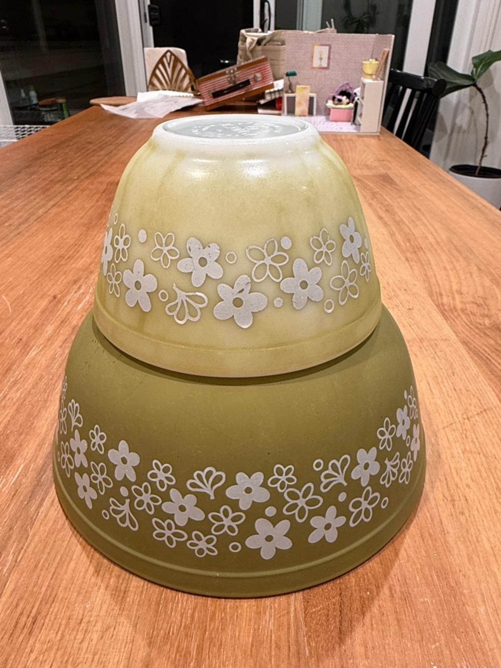 Vintage Pyrex Olive Green Spring Blossom Set of 2 Mixing Bowls